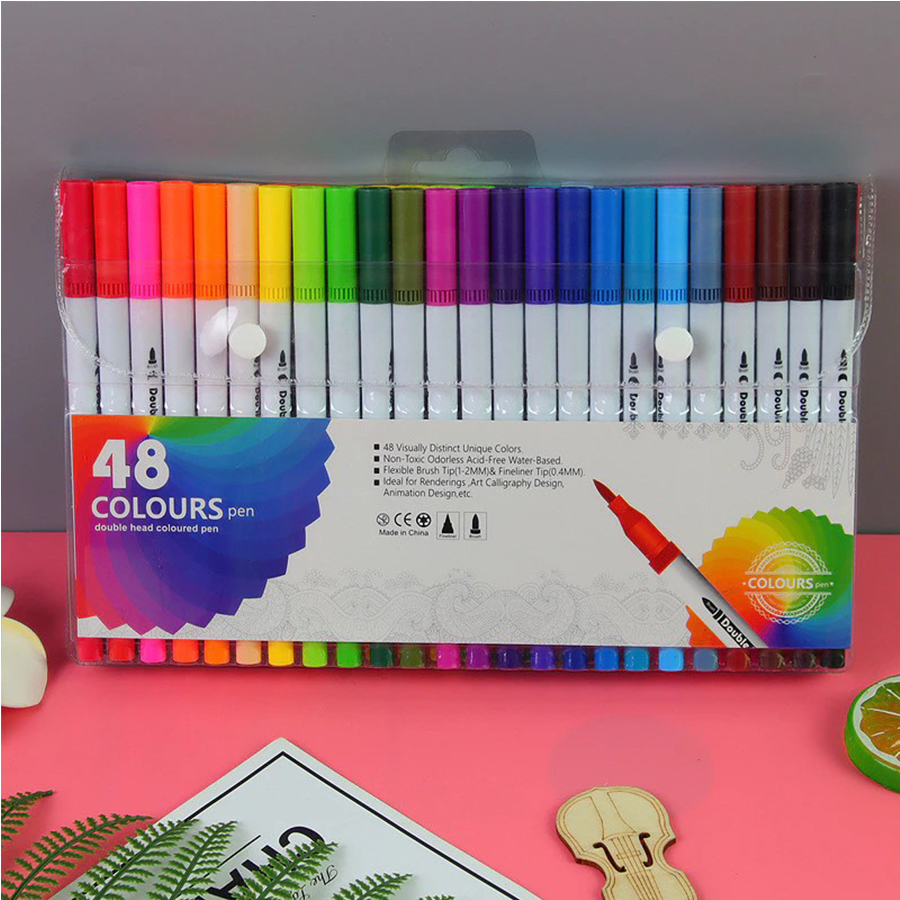 48 Colours Double Head Coloured Pen Set (Dual Tip Brush & Fineliner)